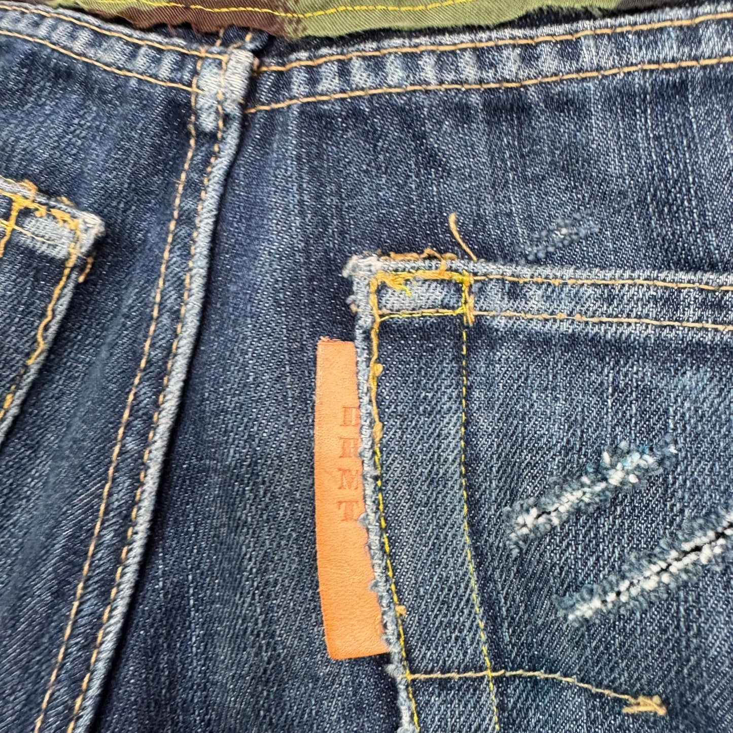 Y2K vintage denim mini shorts cam mid rise patchwork distressed fraying hem