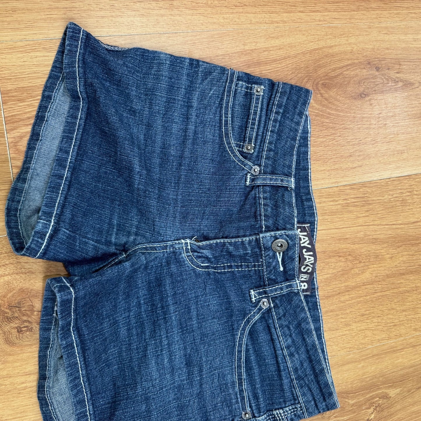 Y2K vintage mini shorts low rise denim dark blue wash contrast stitch stretchy