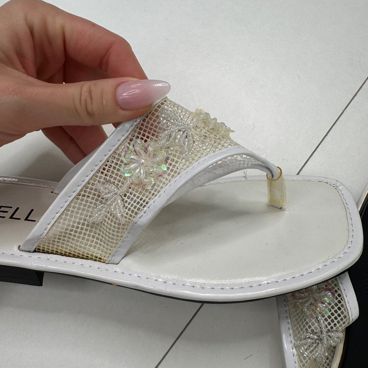 Y2K vintage sandals flip flops beaded mesh floral sequin square toe