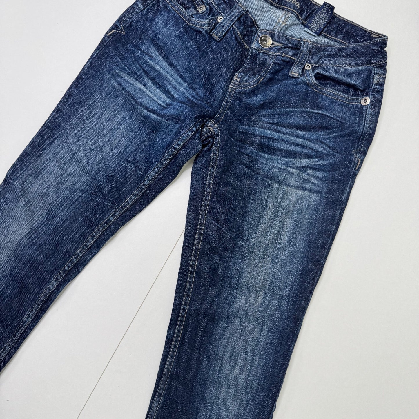 Y2K vintage low rise bootcut denim jeans dark blue wash stretchy faded