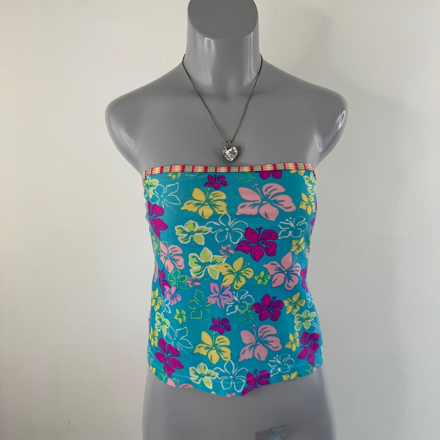 Y2K vintage tankini top strapless hibiscus floral stripe