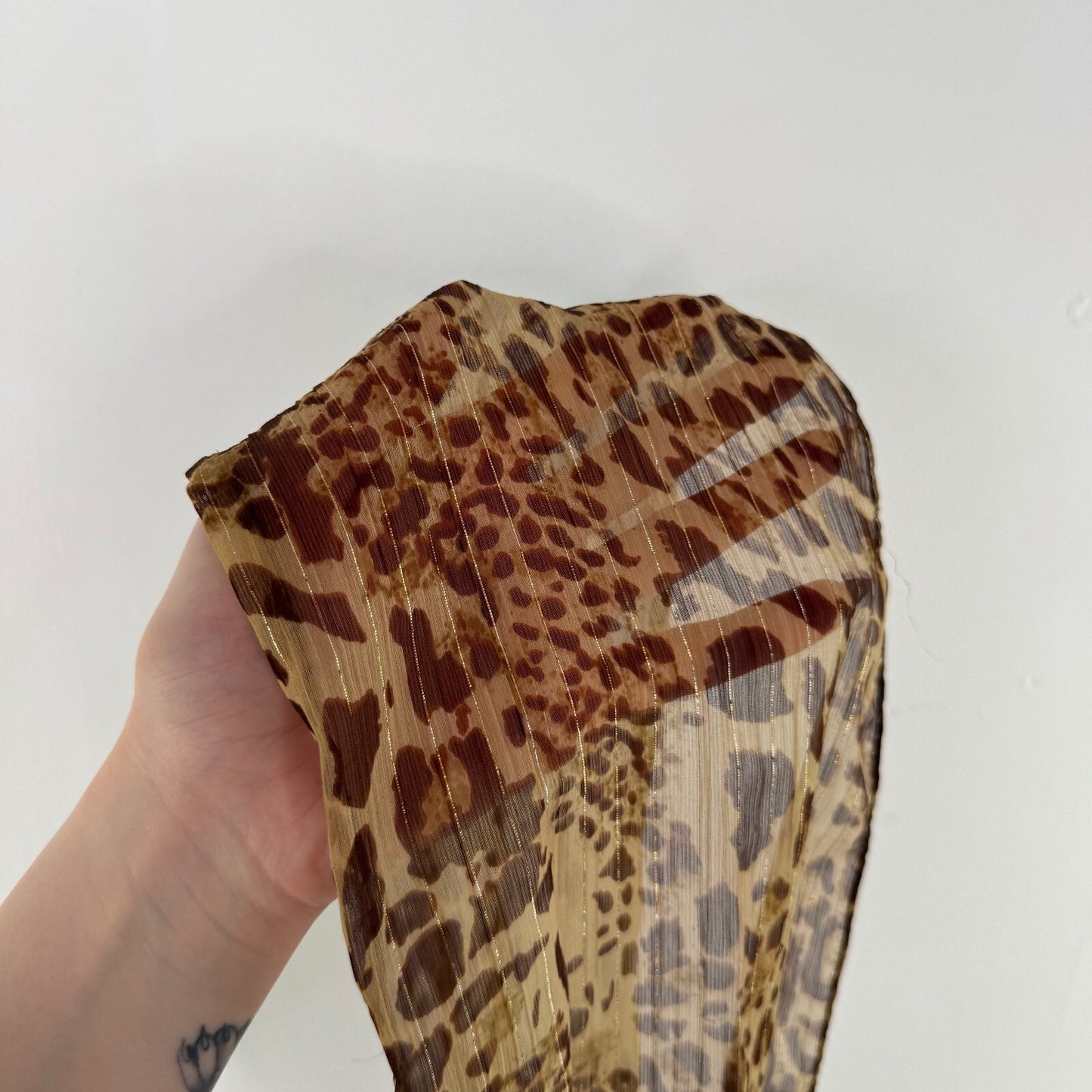 Y2K vintage scarf leopard print sheer brown sparkly pinstripe glitter skinny