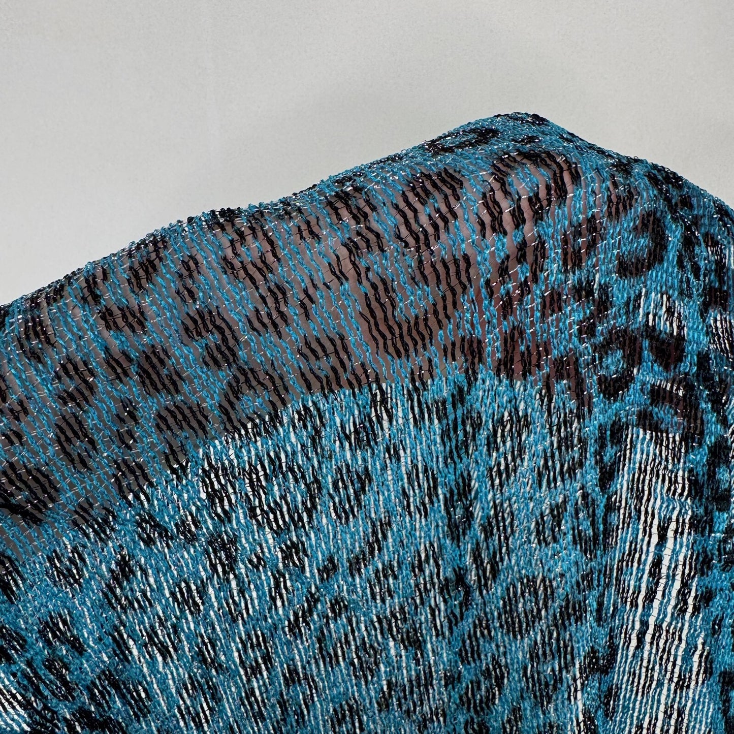 Y2K vintage scarf leopard print sparkly fringe blue black sheer knit