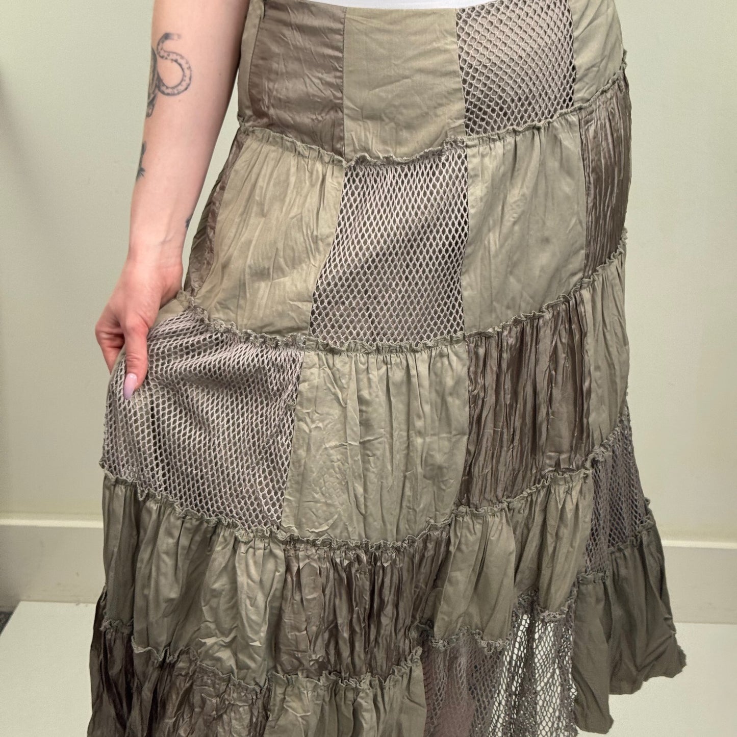 Y2K vintage maxi skirt patchwork satin fishnet khaki crinkle a line boho