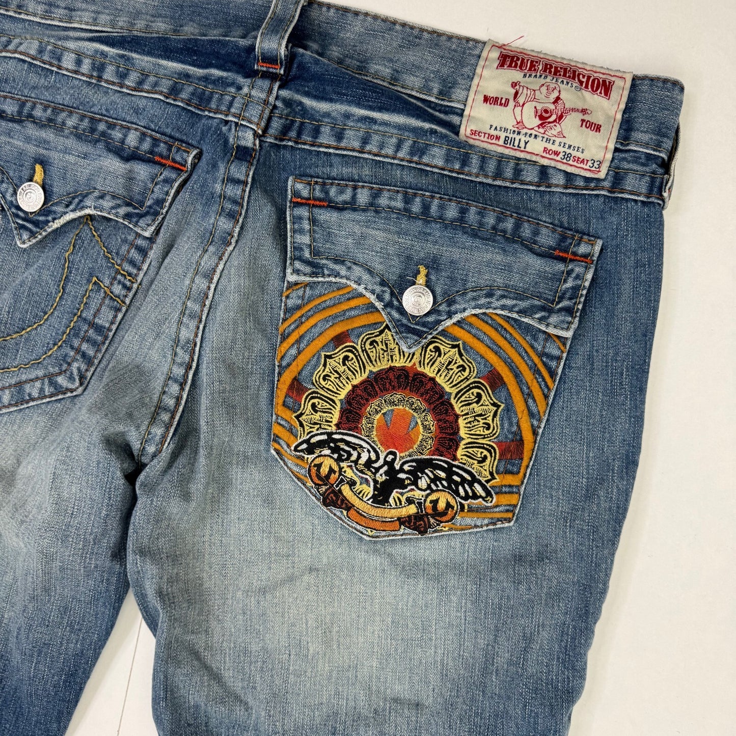 Y2K vintage True Religion bootcut jeans faded blue denim wash embroidered Billy