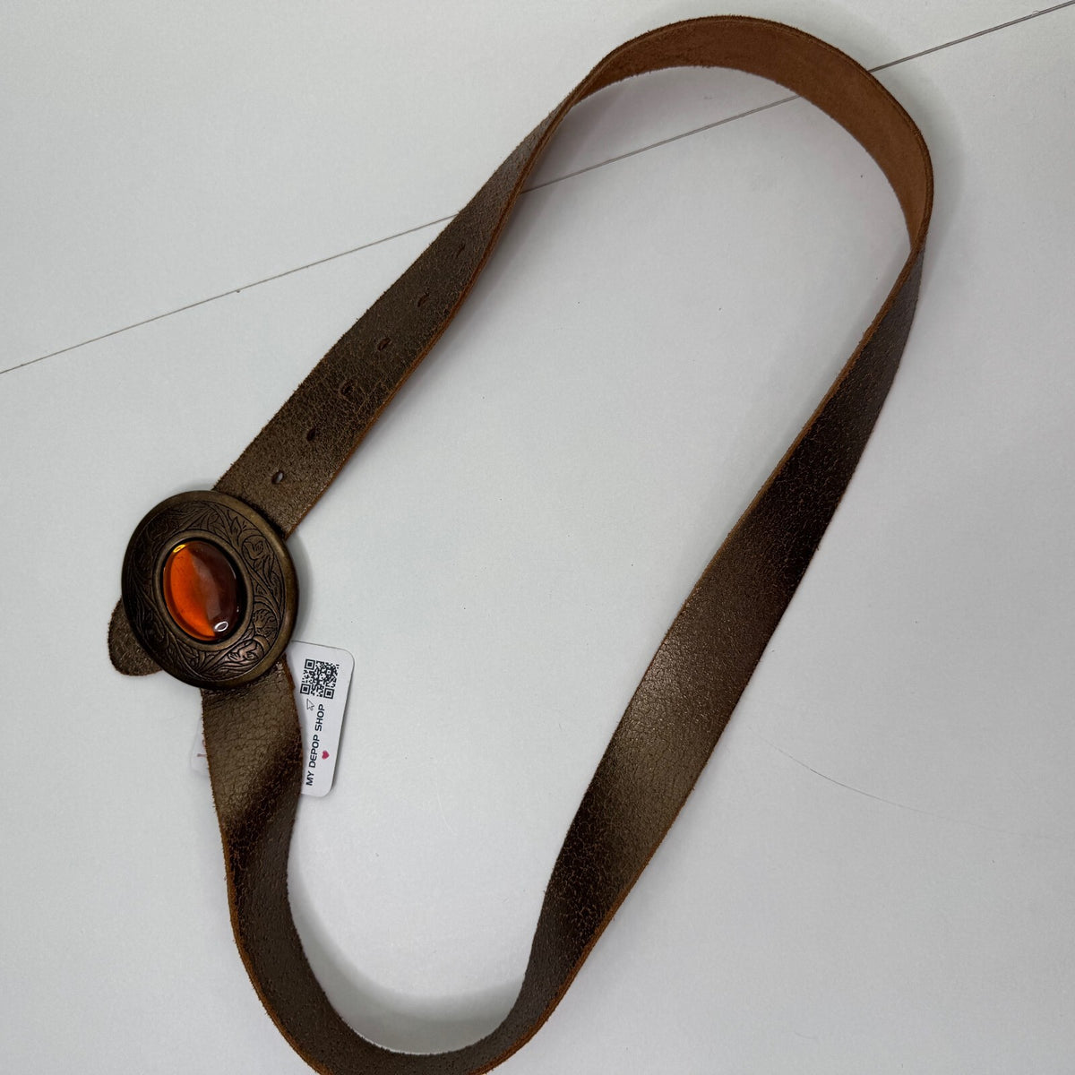 Y2K vintage genuine leather belt western metallic embossed brown chunky oval