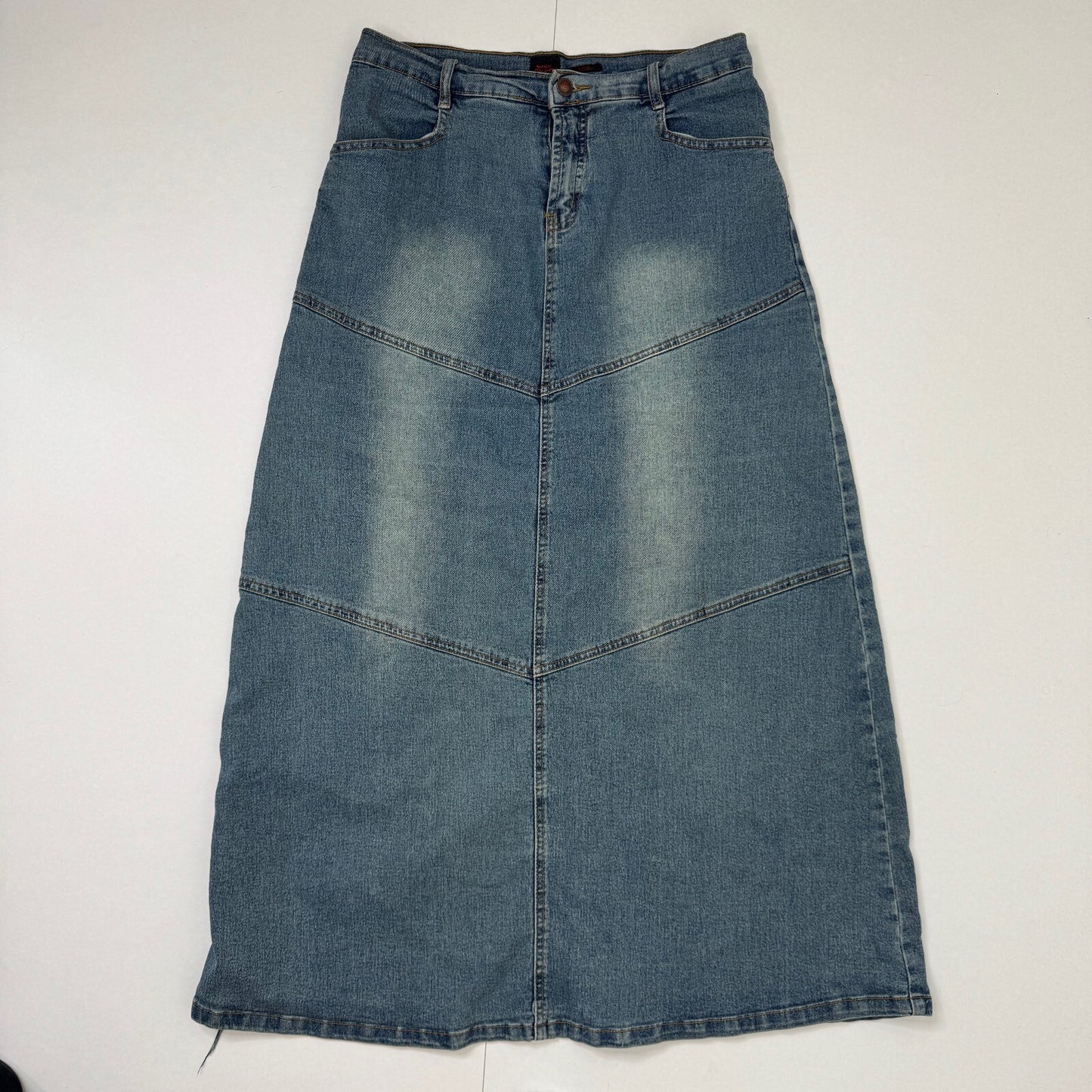 Y2K vintage maxi skirt denim faded mid blue wash stretchy fitted a line slit
