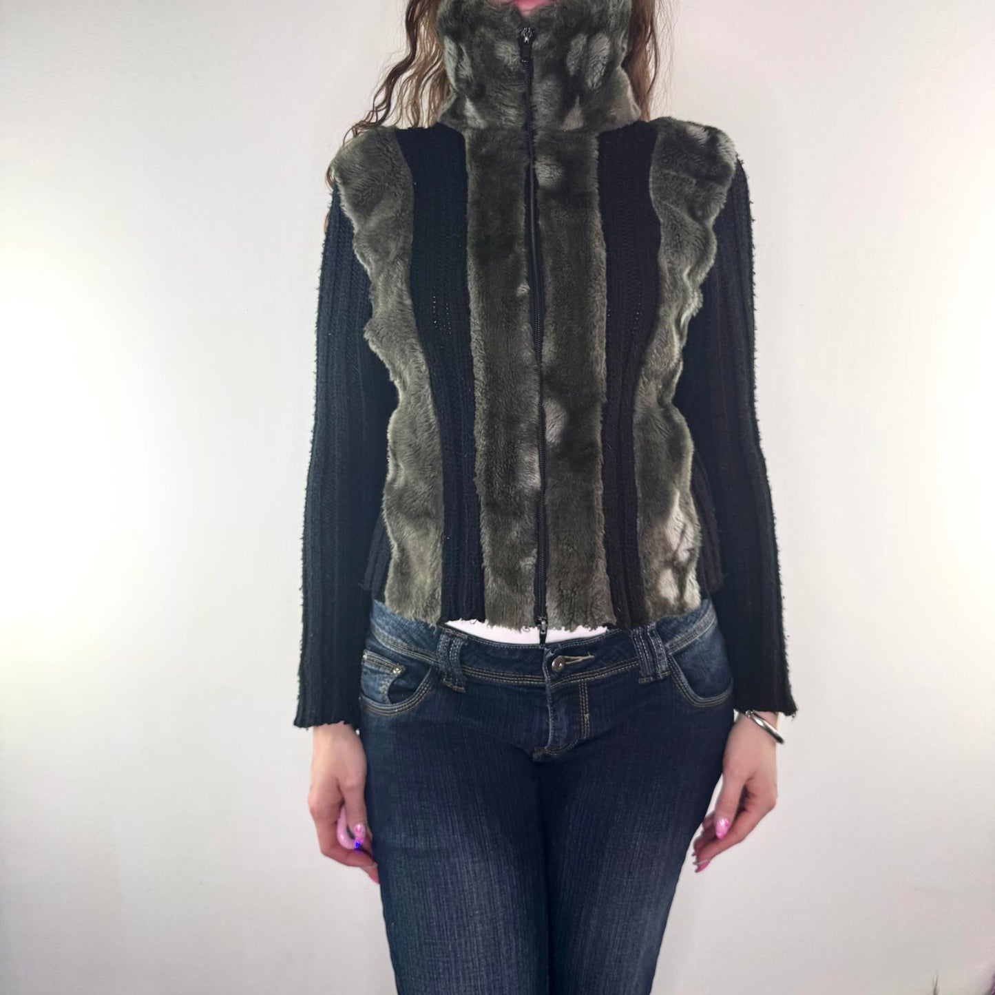 Y2K vintage full zip up chunky knit faux fur jumper