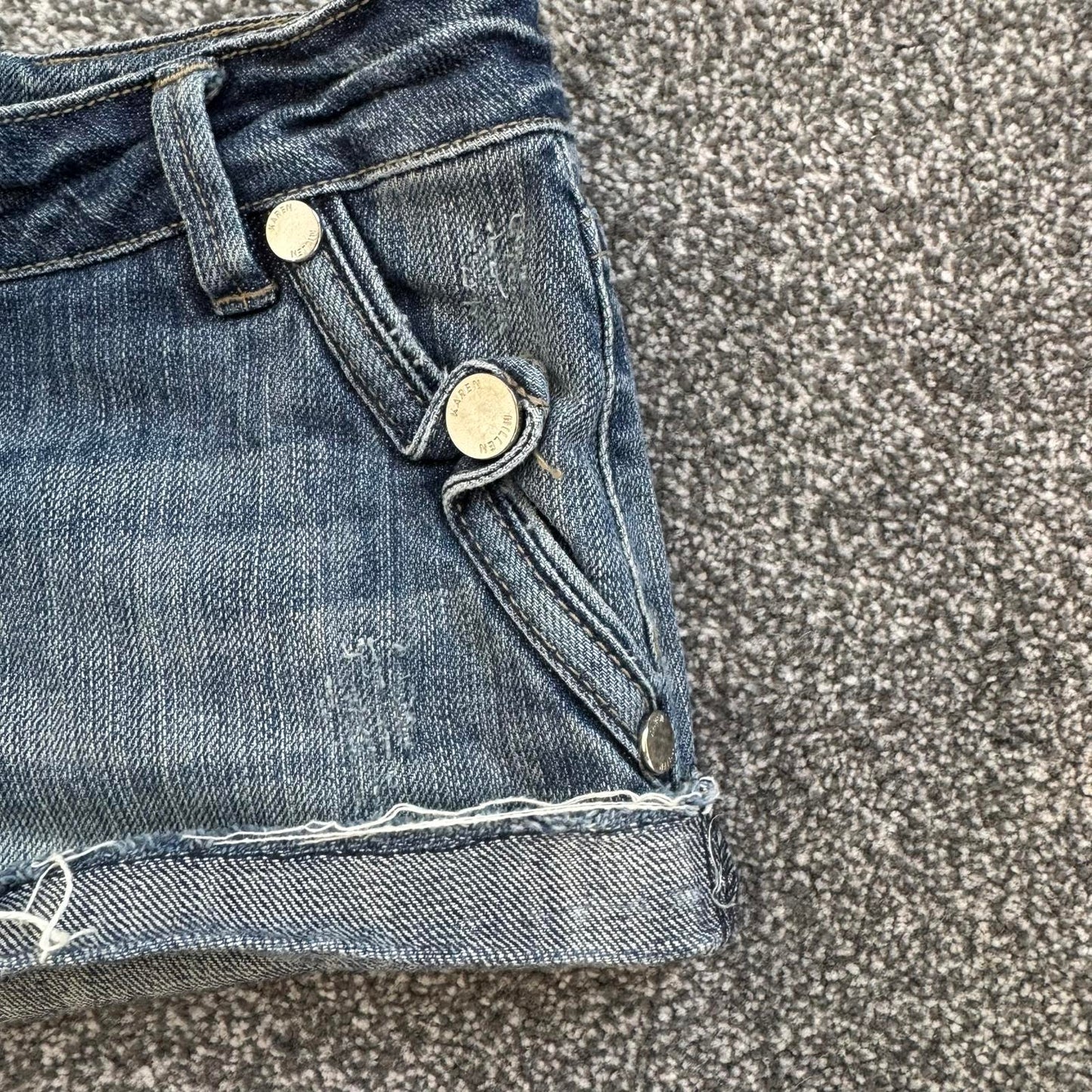Y2K vintage Karen Millen low rise distressed denim mini shorts fraying hem