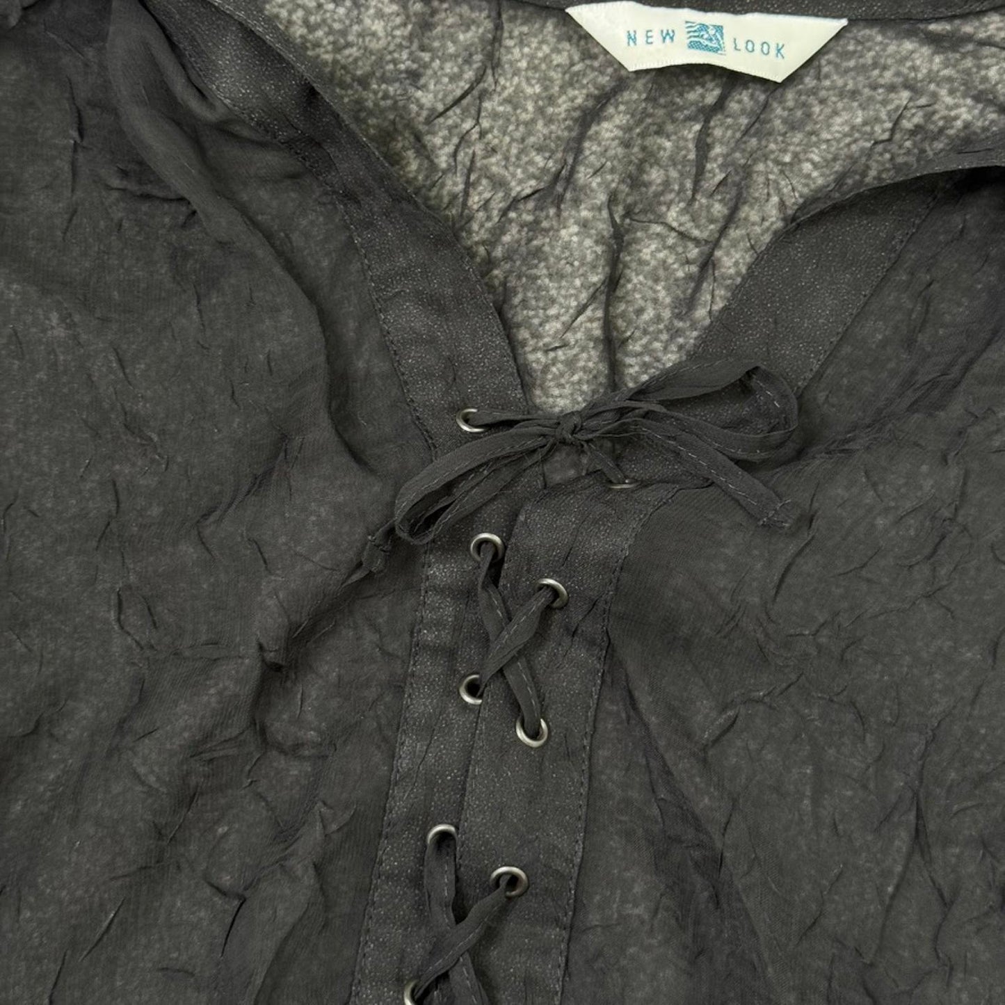 Y2K vintage sheer long sleeve blouse shirt lace up v neck black lightweight