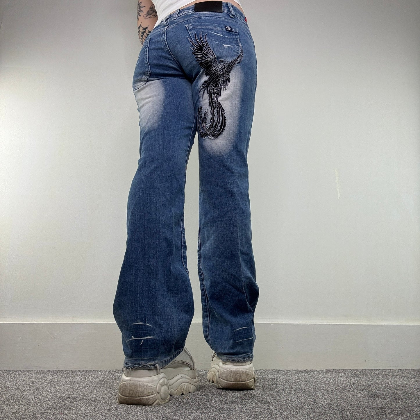 Y2K vintage low rise bootcut jeans faded denim phoenix embroidered mcbling