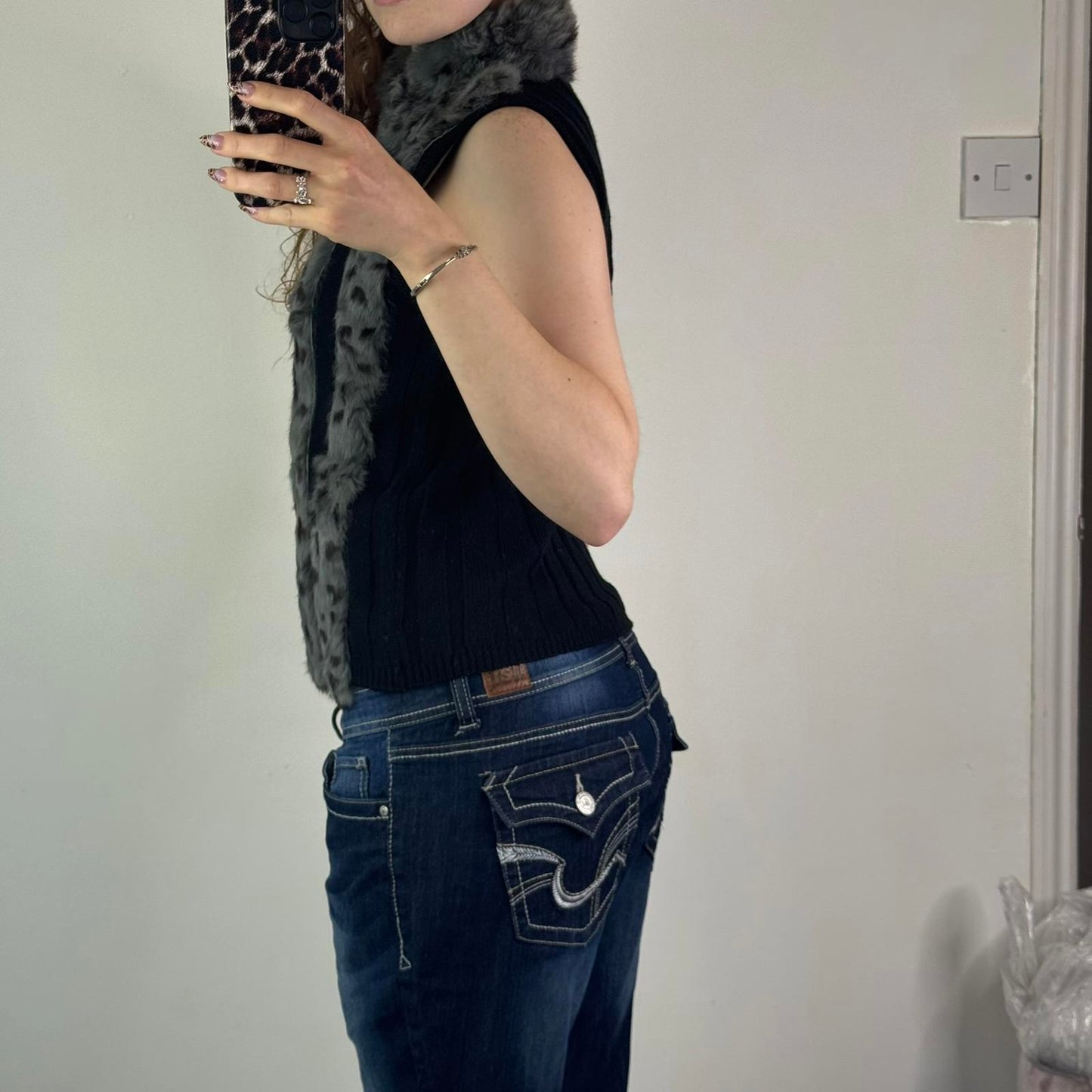 Y2K vintage genuine fur stripe knit sleeveless jacket zip up gilet polka dot