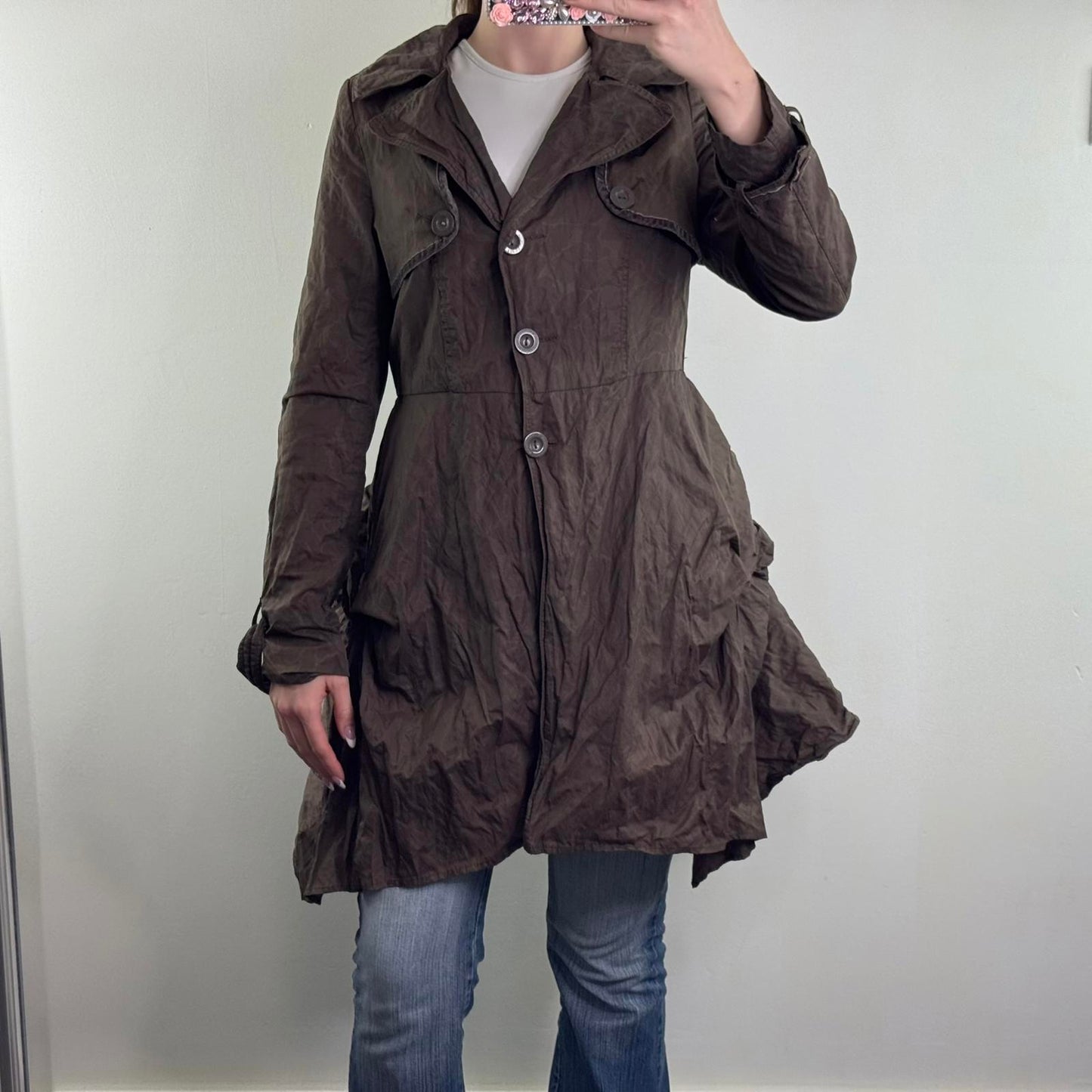 Y2K vintage ruffle layered mid knee length trench coat jacket ruffle floral