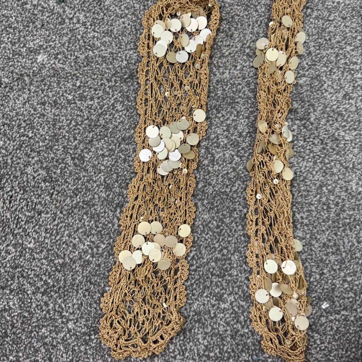 Y2K vintage crochet skinny scarf sequin gold knit thin