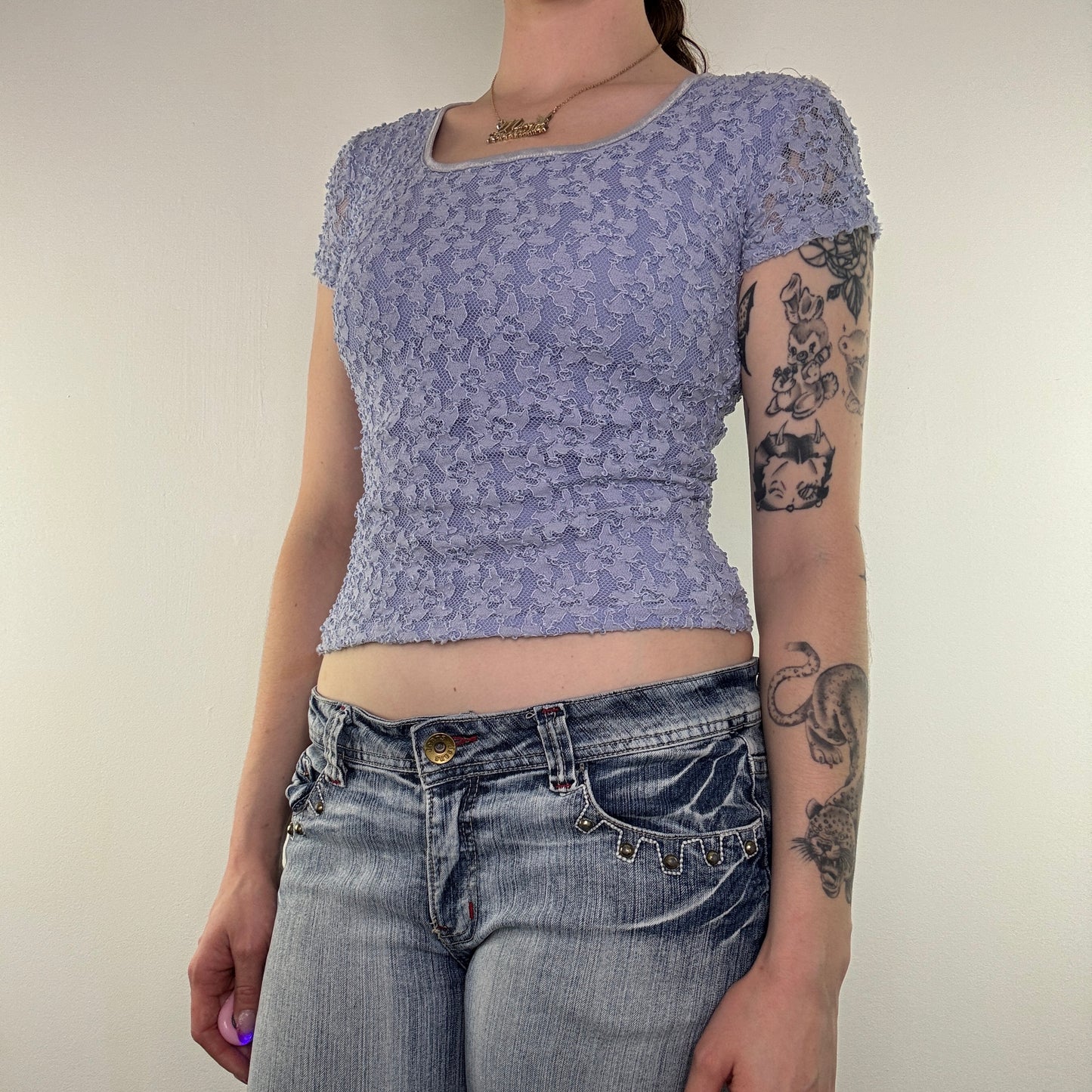 Y2K vintage floral fitted top style top lace square neckline baby tee crop