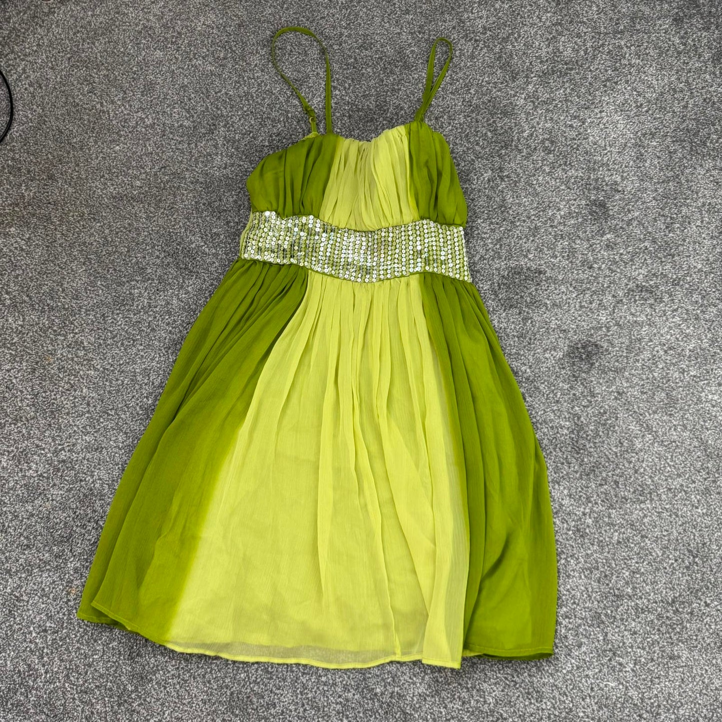 Y2K vintage green ombre sequin mini dress floaty a line ruched strappy