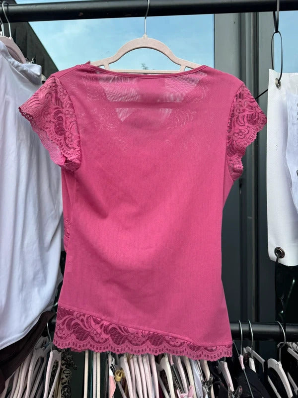 Y2K vintage mesh ruched side lace trim pink
