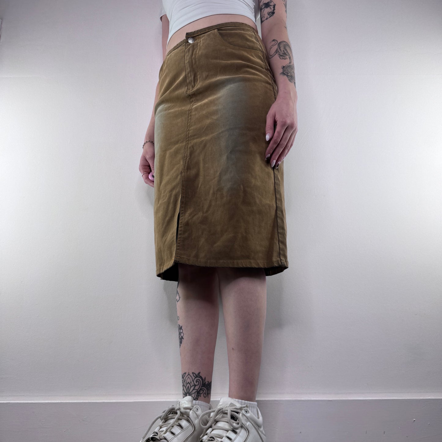 Y2K vintage faux suede faded midi skirt