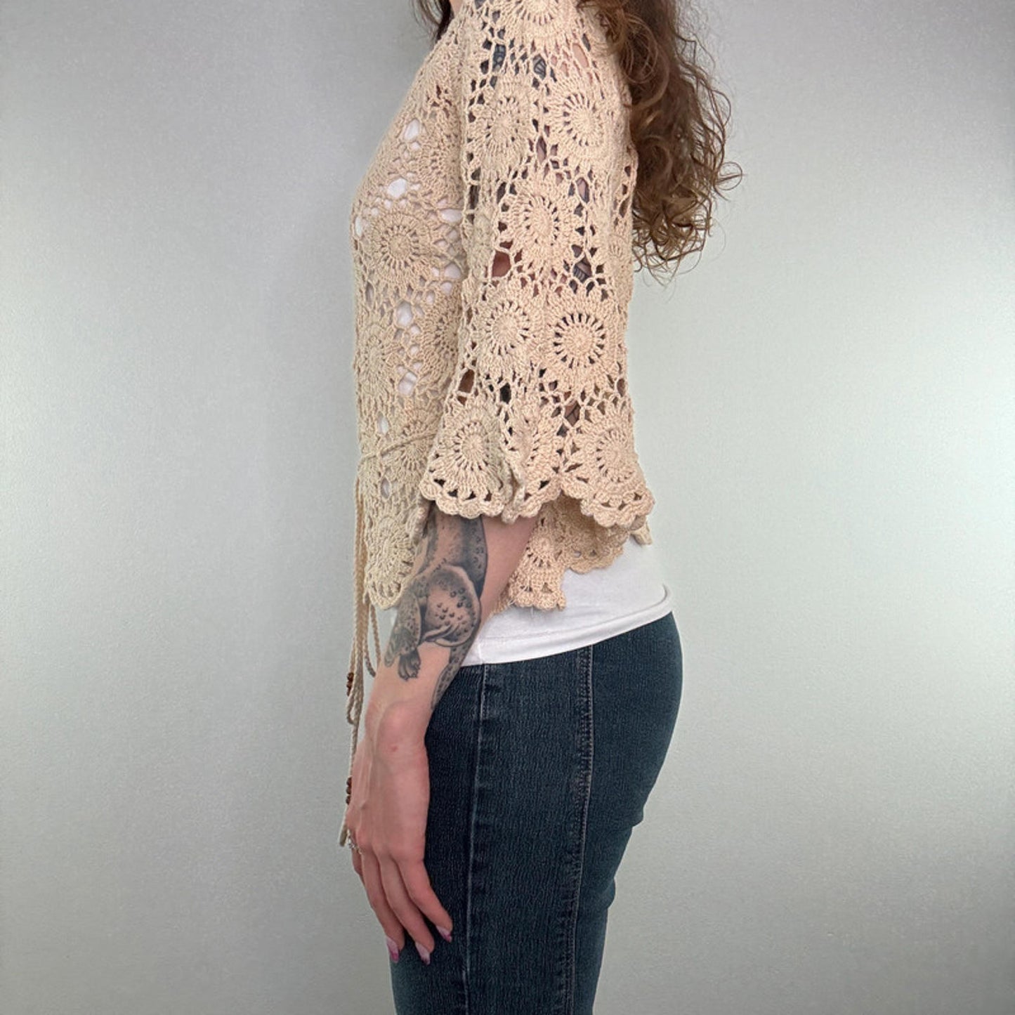 Y2K vintage crochet half sleeve bow top drawstring waist sheer floral cream