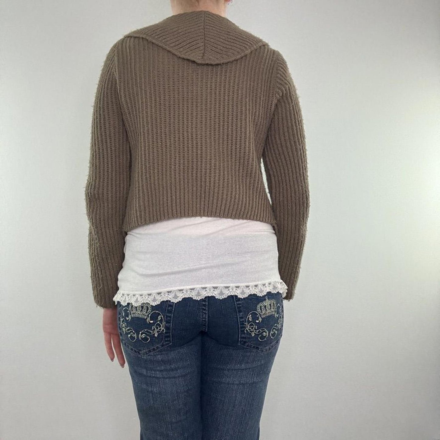 Y2K vintage knit cardigan tie front brown ribbed v neck boho beaded bow