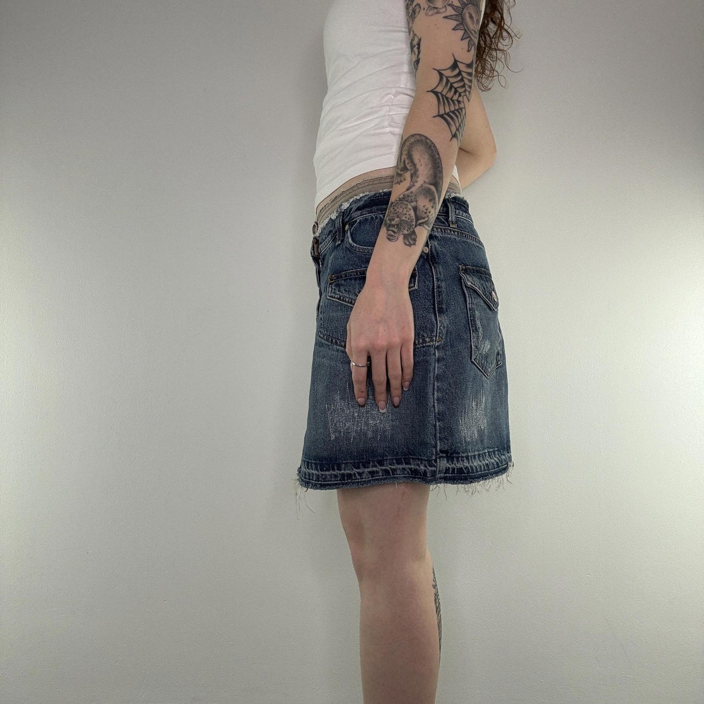 Y2K vintage distressed fraying hem cargo denim mini skirt