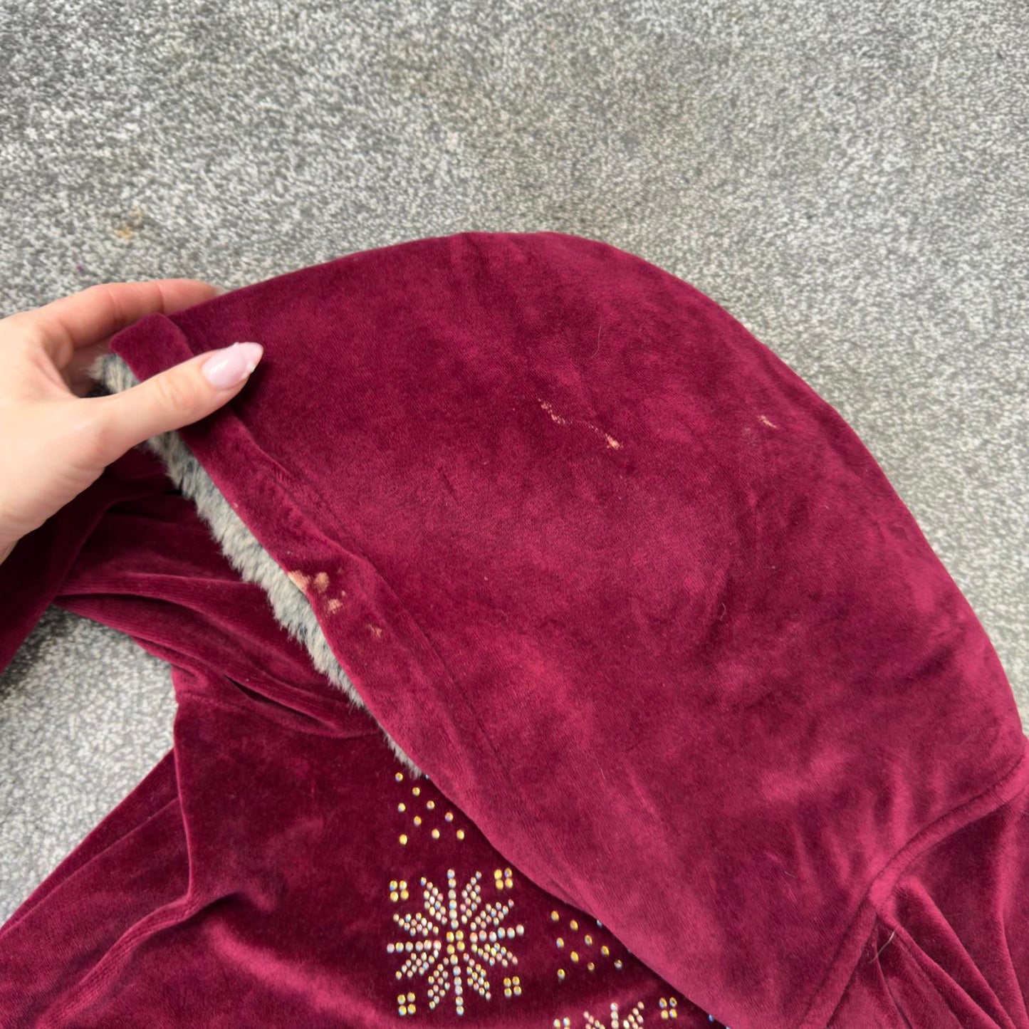 Y2K vintage velour rhinestone faux fur hood zip up hoodie