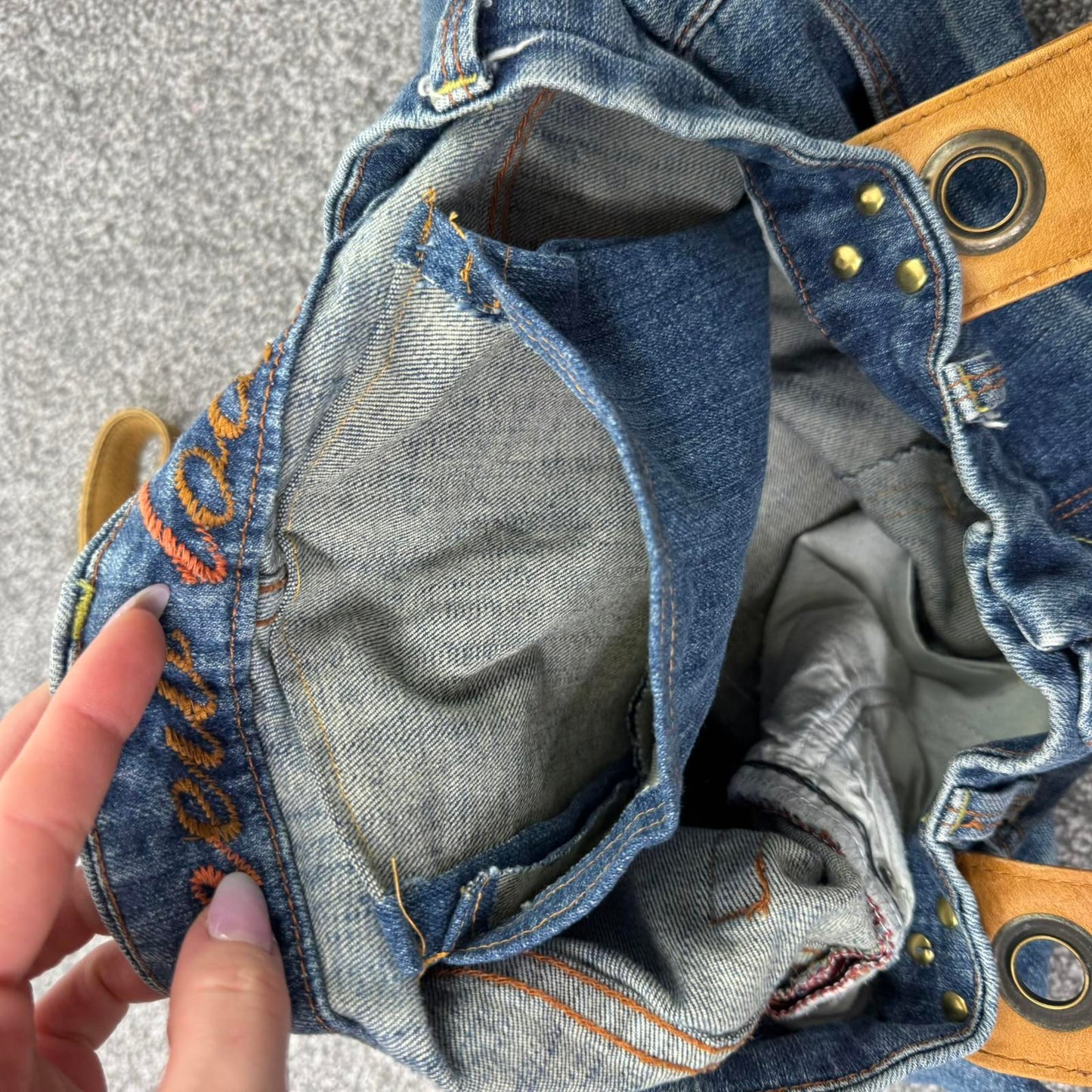 Y2K vintage large reworked denim shoulder bag leather straps grommet blue brown