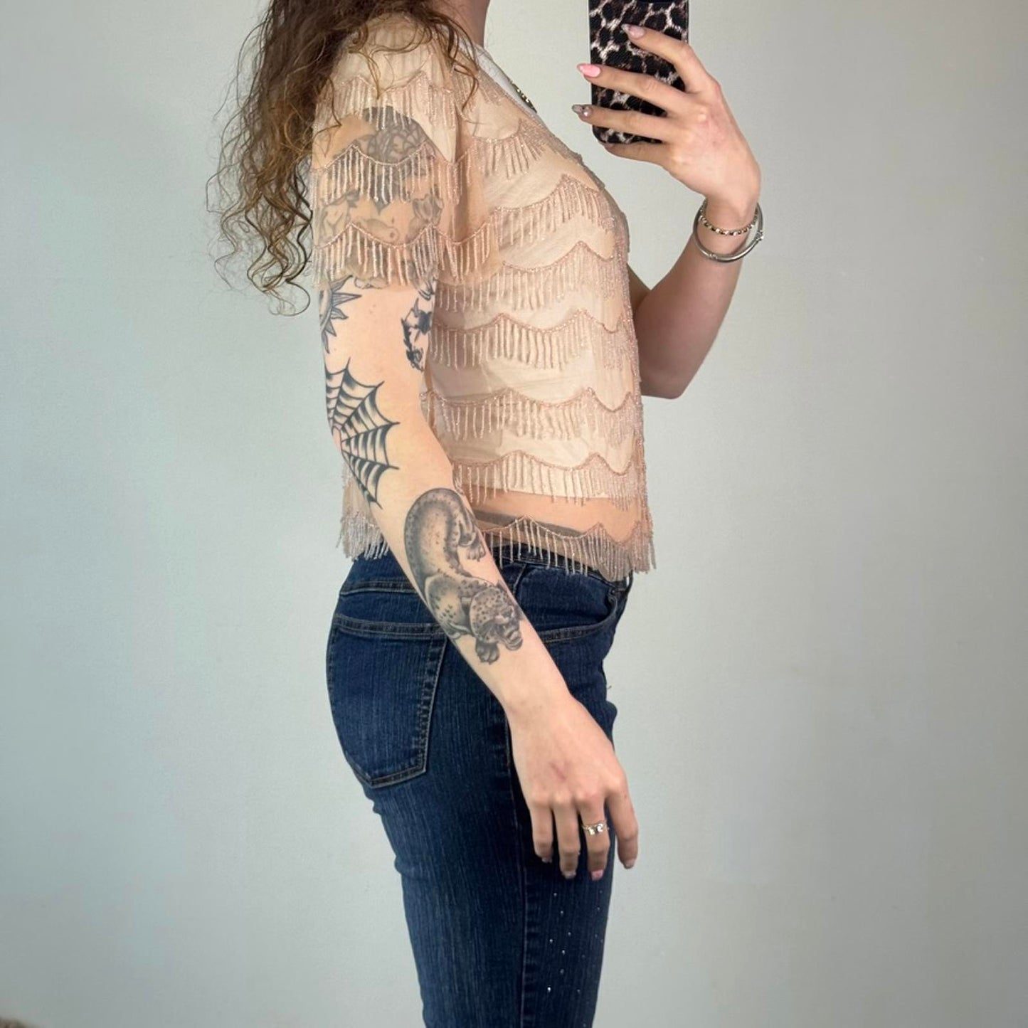 Y2K vintage peach mesh beaded tassel hook and eye short sleeve cardigan