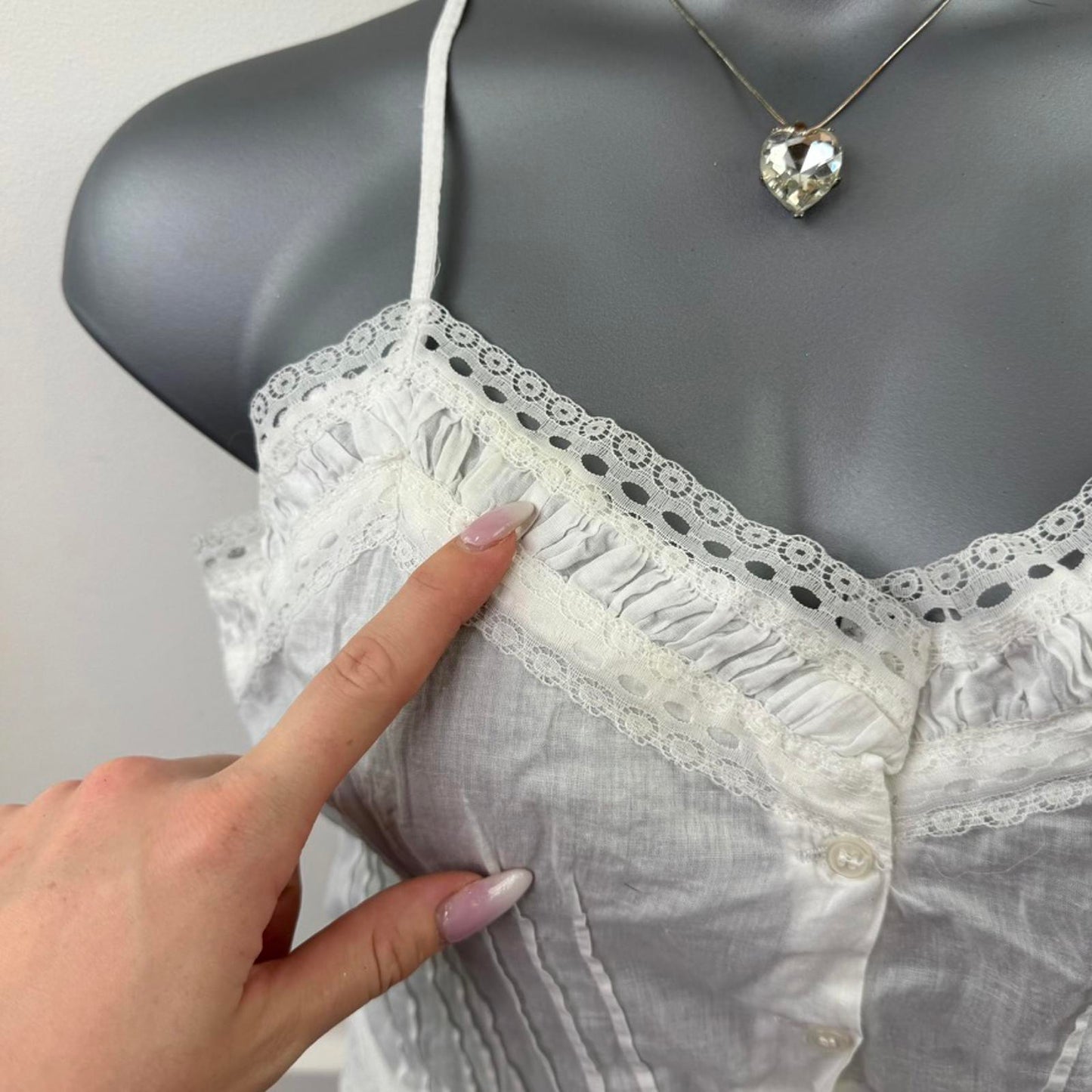 Y2K vintage coquette cotton cami top lace trim strappy button up