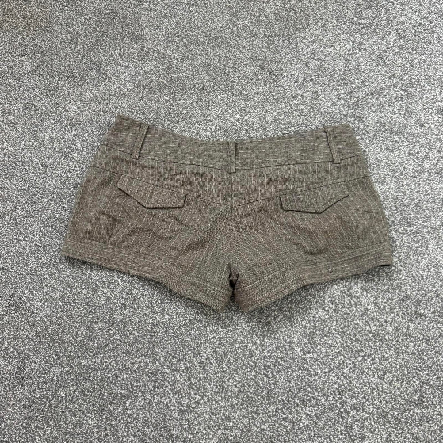 Y2K vintage low rise pinstripe mini shorts wool blend tailored brown