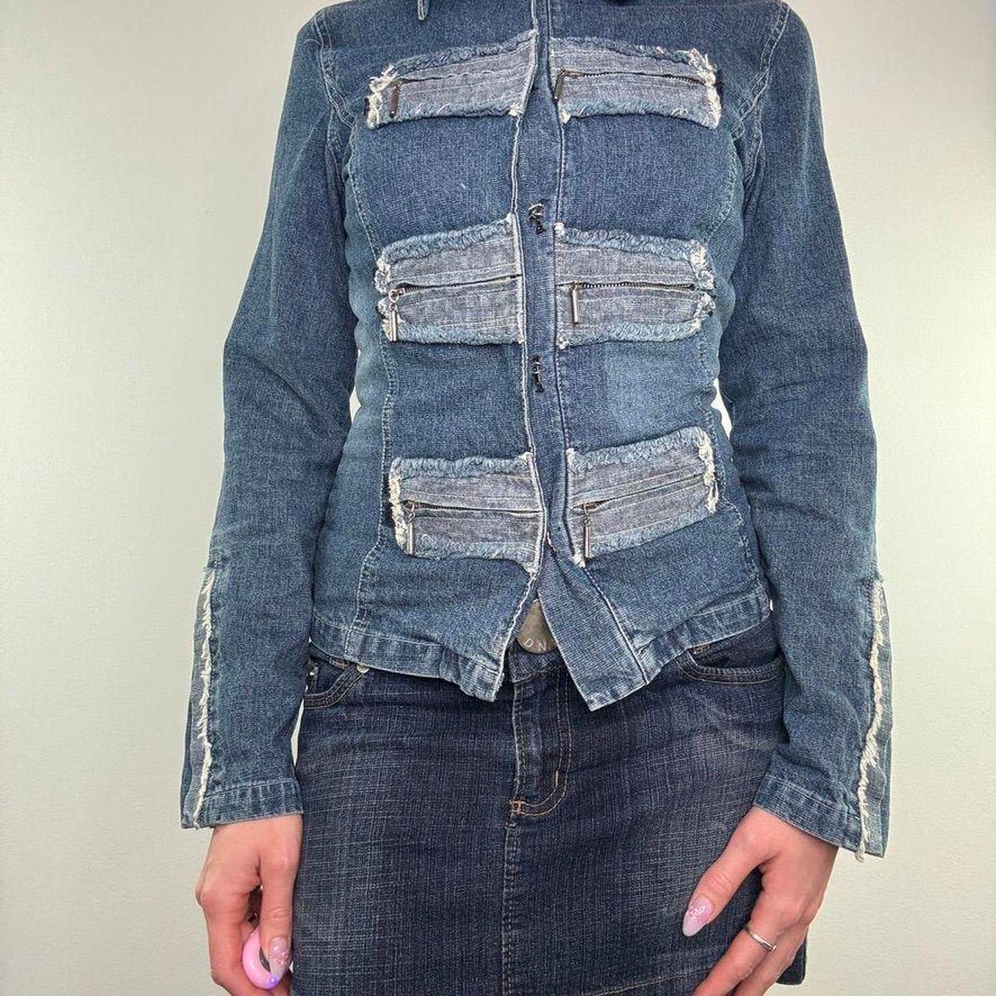 Y2K vintage Miss Posh military fitted faded denim jacket fraying contrast blue