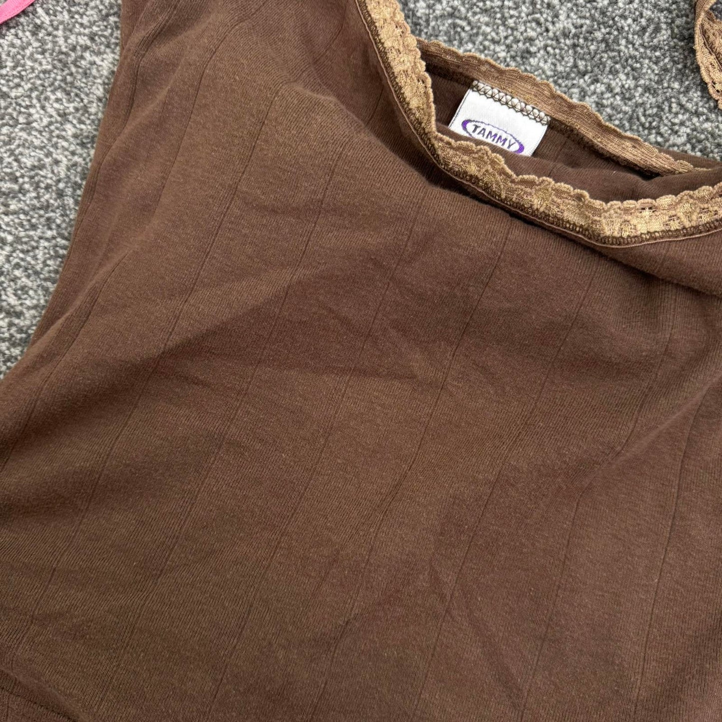 Y2K vintage Tammy cami top stretchy fitted lace trim brown stripe