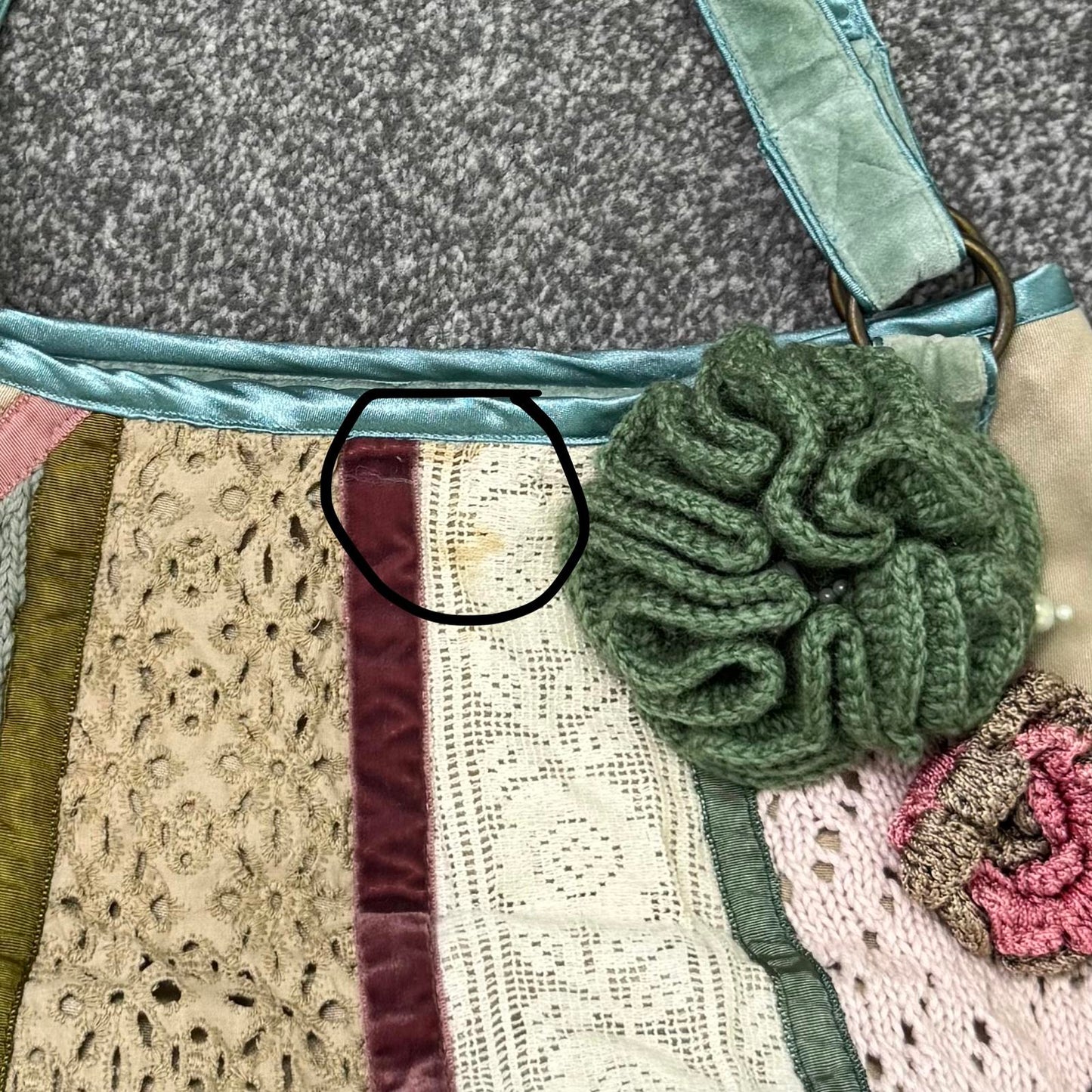 Y2K vintage patchwork shoulder bag crochet knit lace floral velour pastel multi