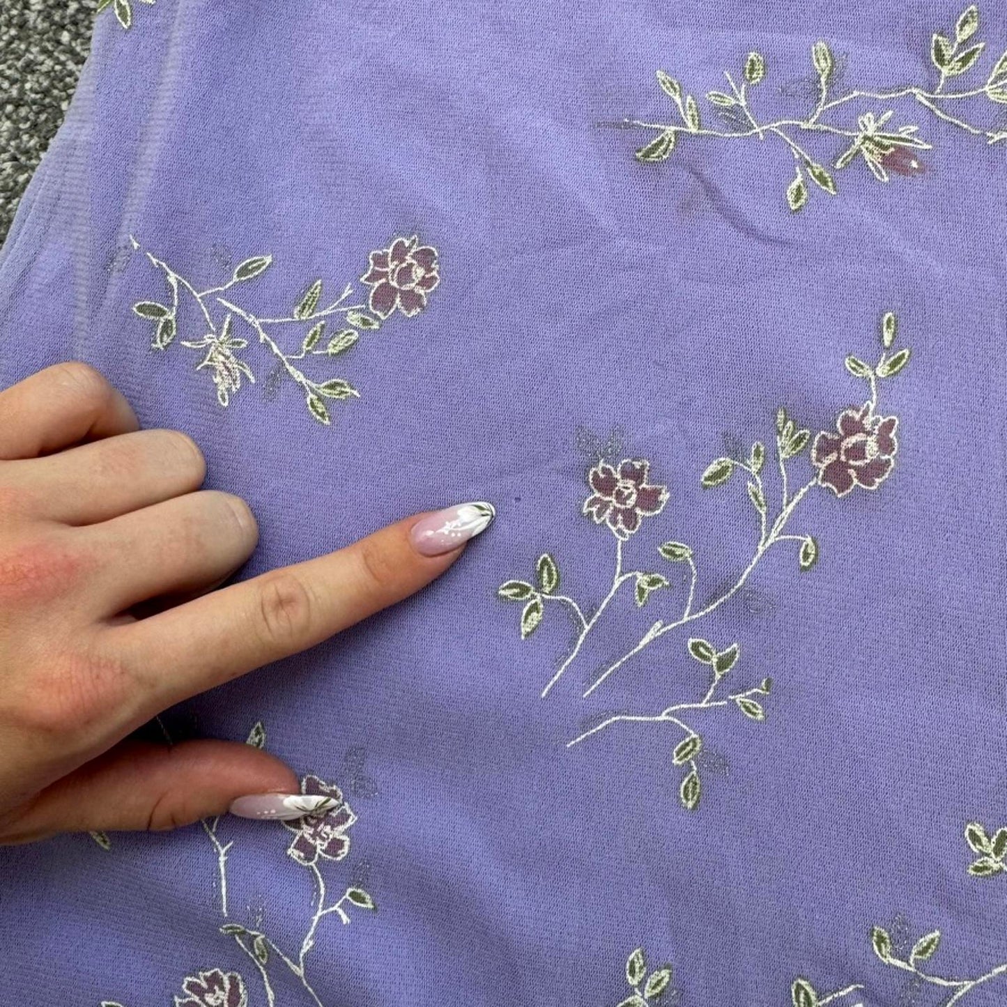 Y2K vintage lilac mesh ditsy floral midi skirt double layered lettuce hem