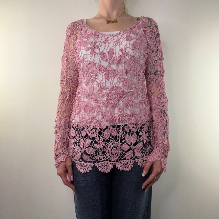 Y2K vintage pink crochet long sleeve top
