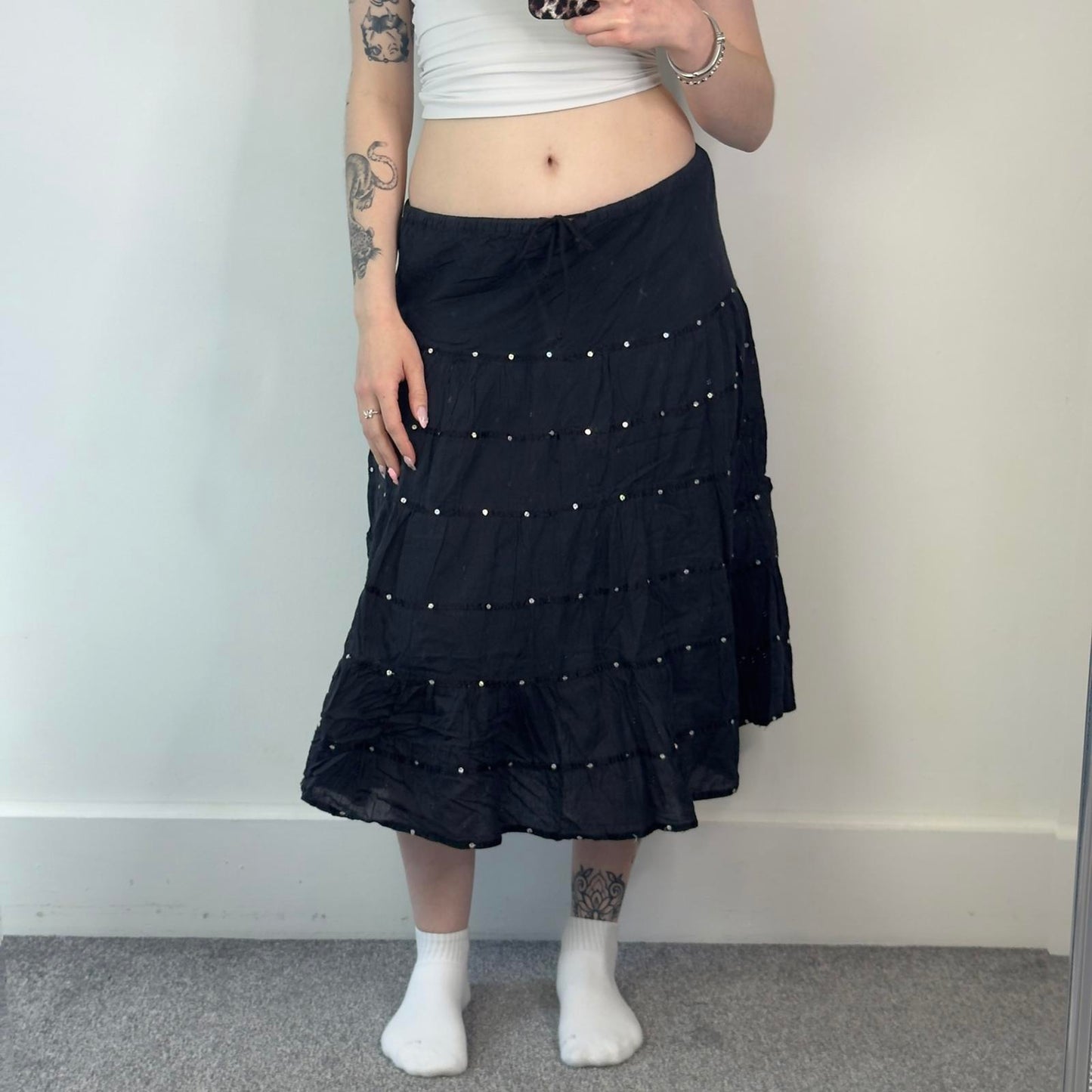 Y2K vintage tiered boho sequin a line floaty midi skirt boho festival cotton