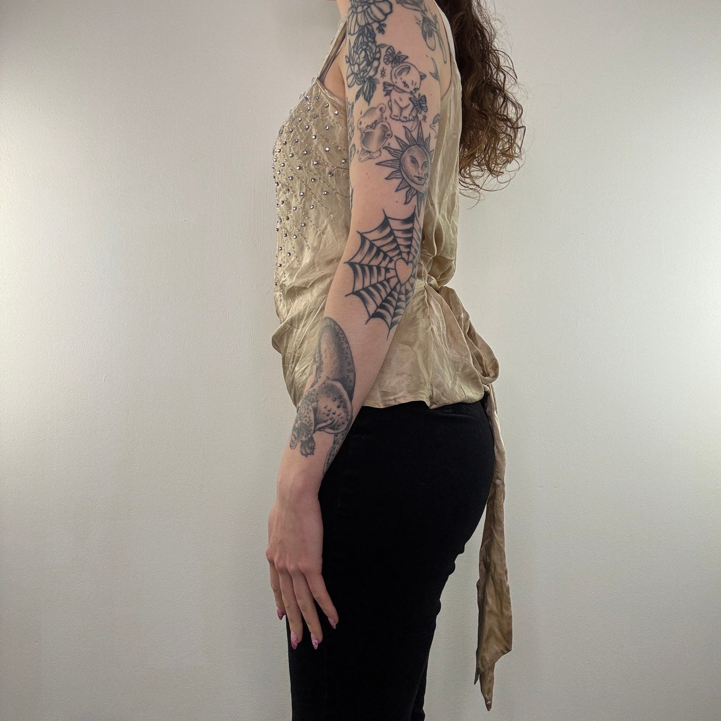 Y2K vintage silk top sparkly beaded bow floaty satin look