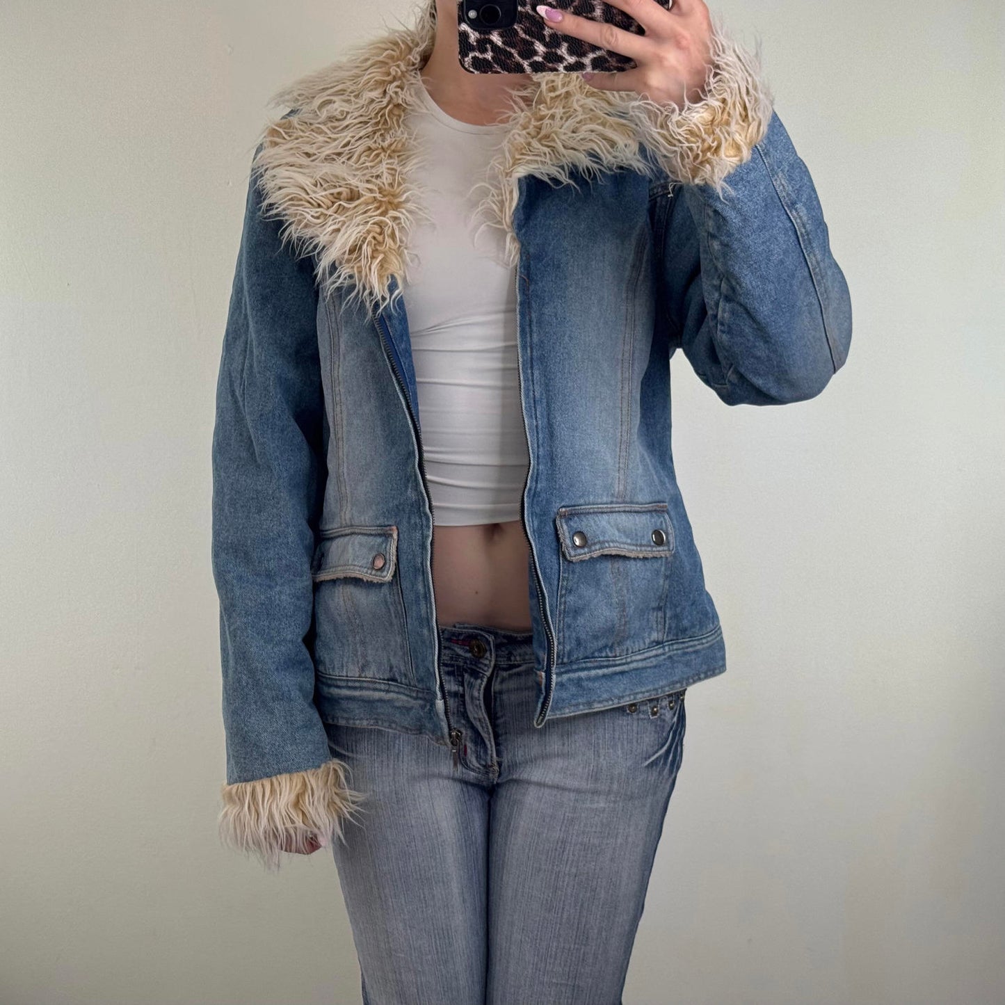 Y2K vintage Tammy denim jacket zip up faux fur trim fleece lined cargo pockets