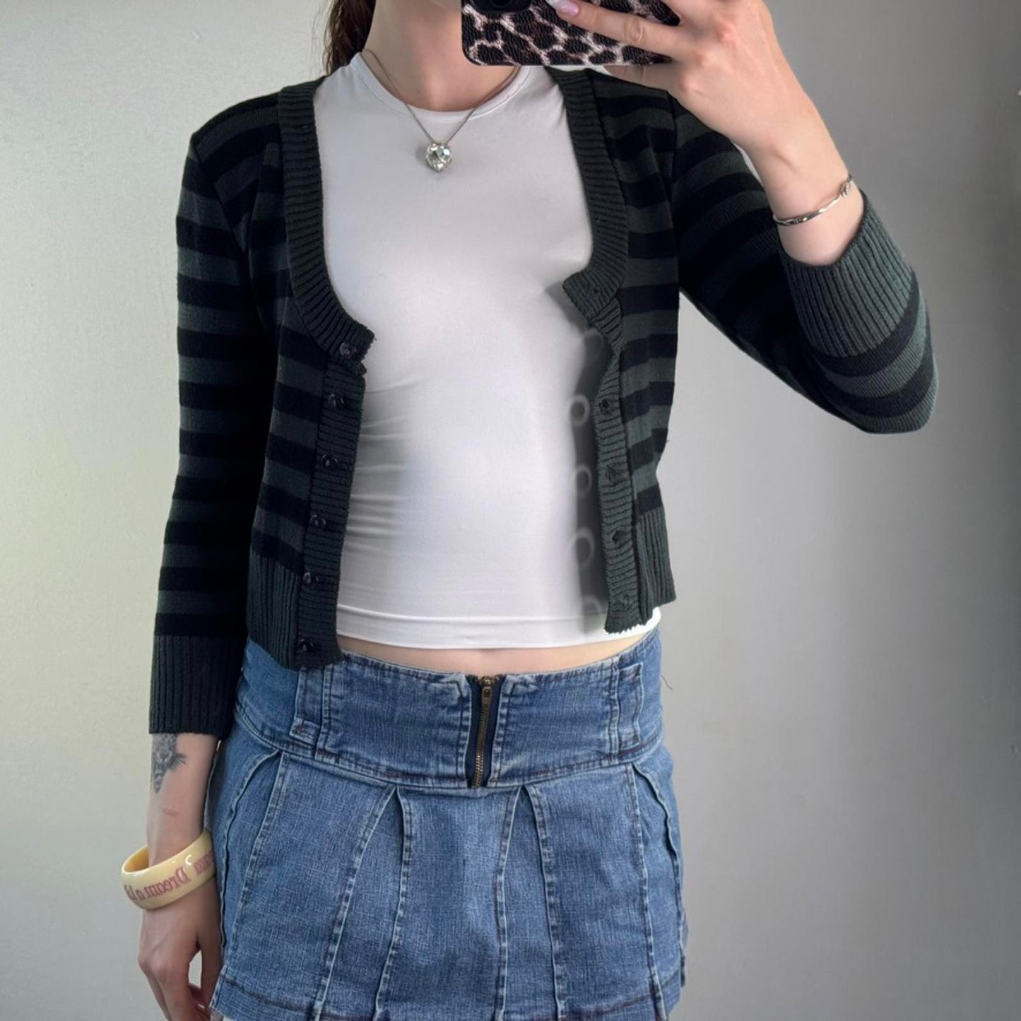 Y2K vintage cropped stripe knit cardigan button up round scoop neck 3/4 sleeve