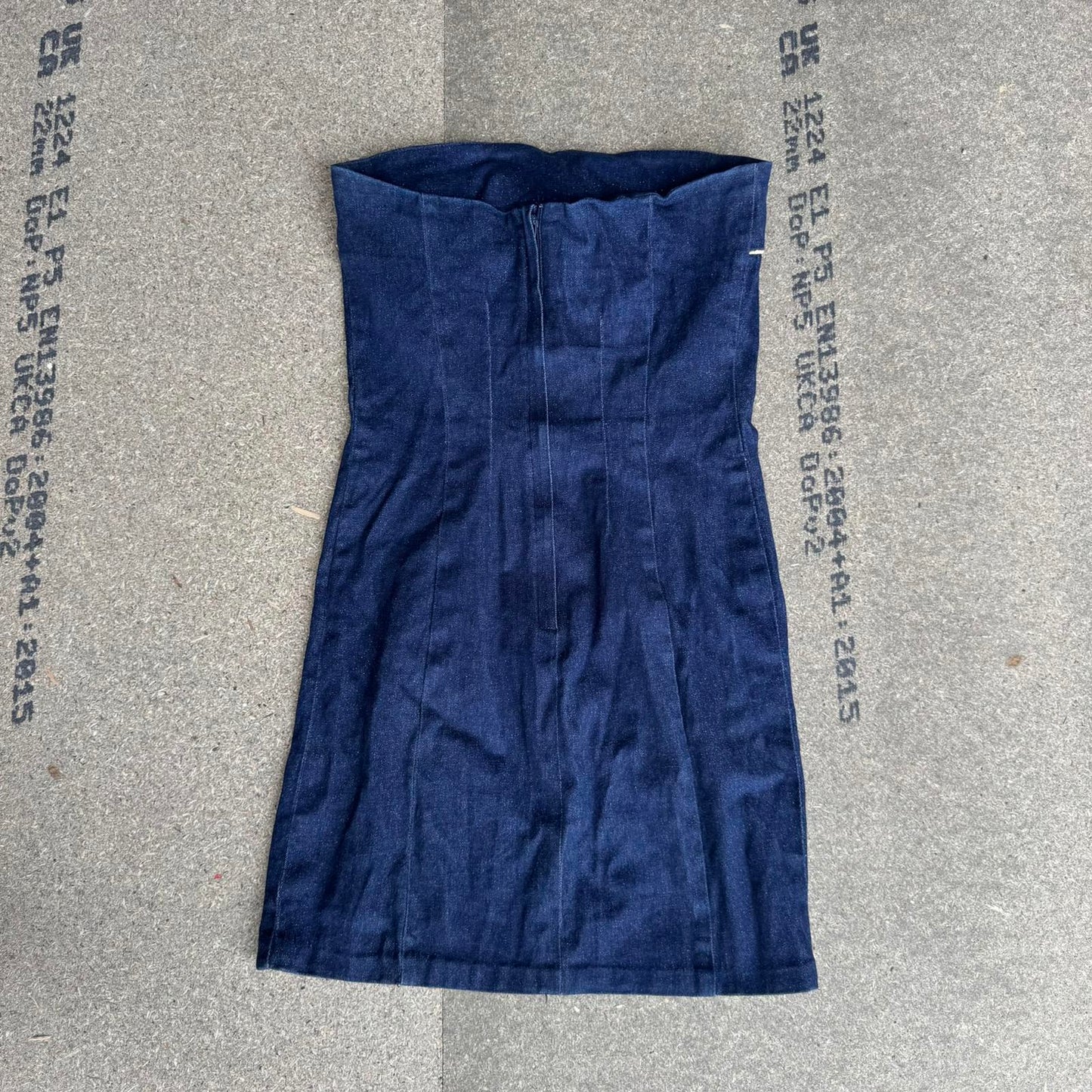 Y2K vintaged fitted sparkly denim strapless mini dress navy gold cinched fit