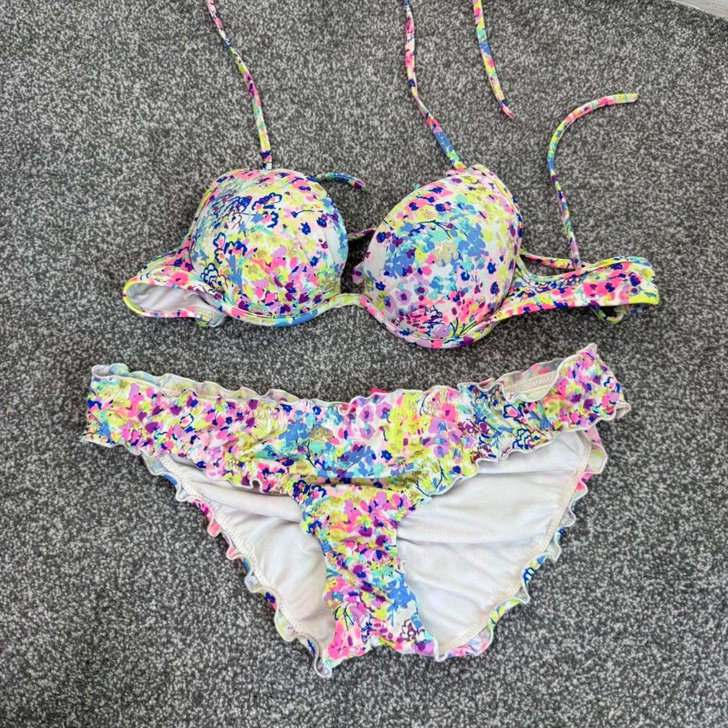 Victoria's Secret matching bikini set floral ruched frilly frill multi rainbow
