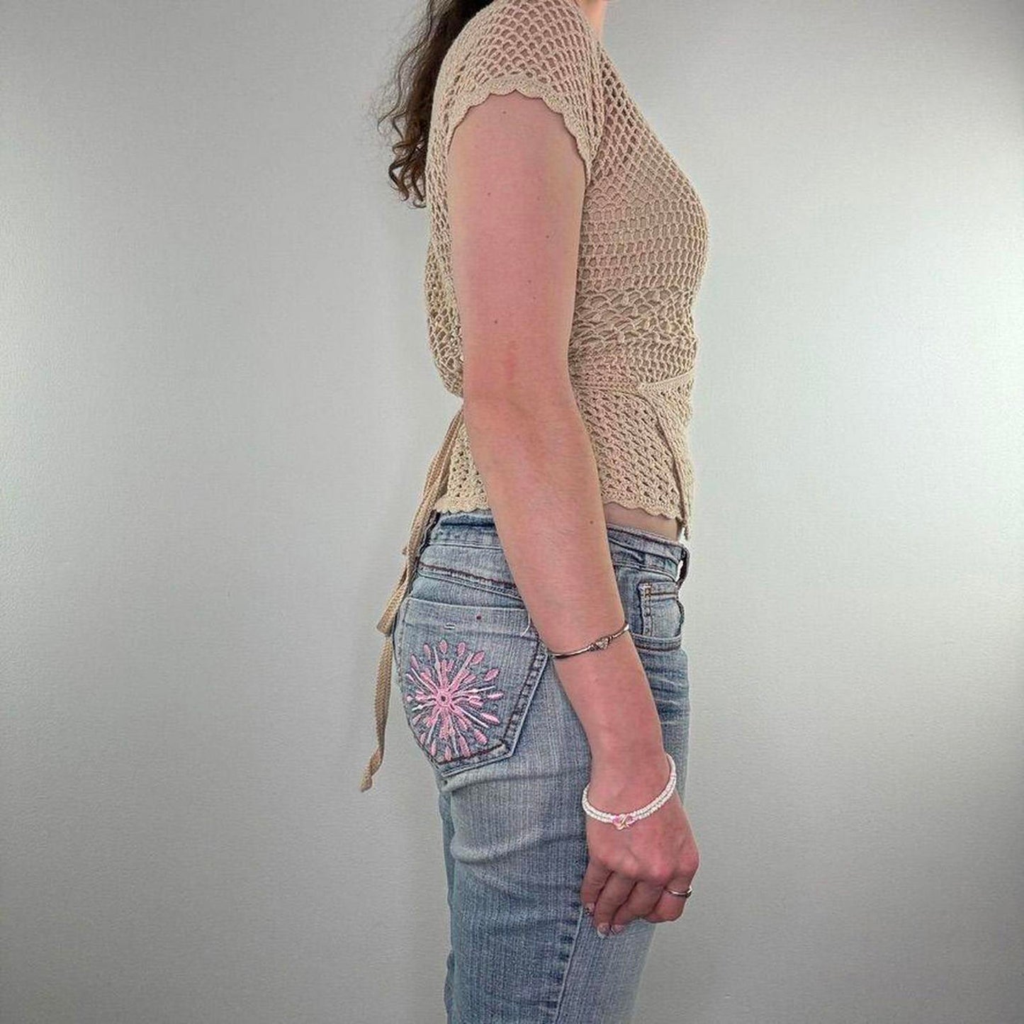 Y2K vintage crochet wrap around short sleeve cardigan v neck beige tie back bow