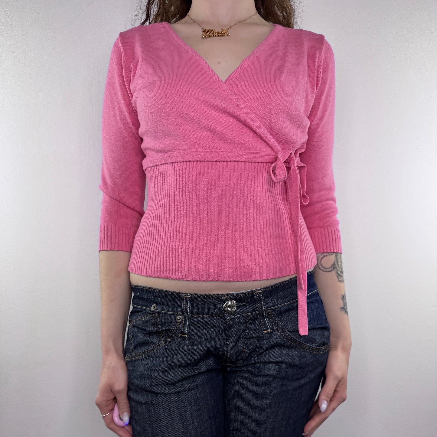 Y2K vintage fine knit bow 3/4 sleeve top