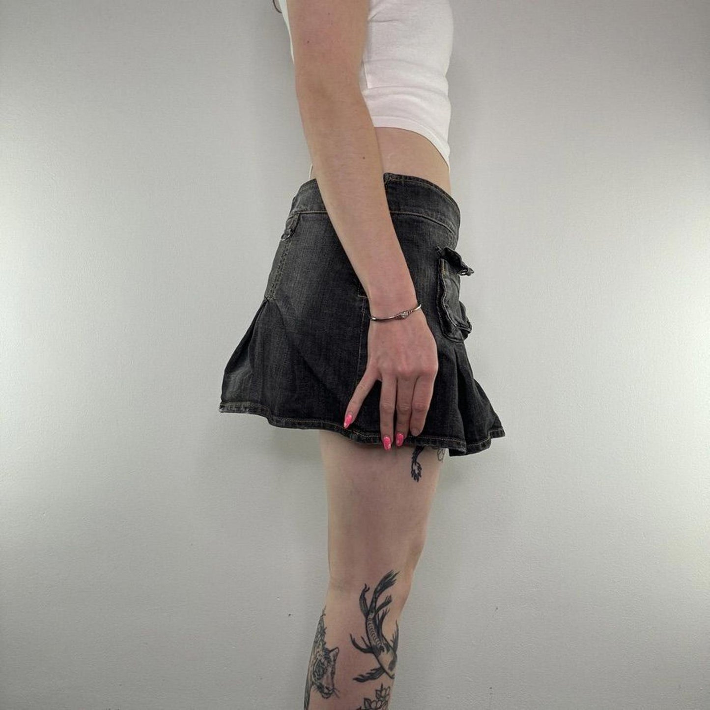 Y2K vintage denim mini skirt faded cargo pleated grey black pockets a line short
