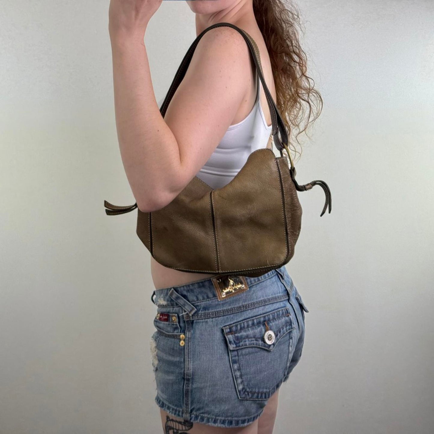 Y2K vintage genuine leather small shoulder bag contrast stitch o ring