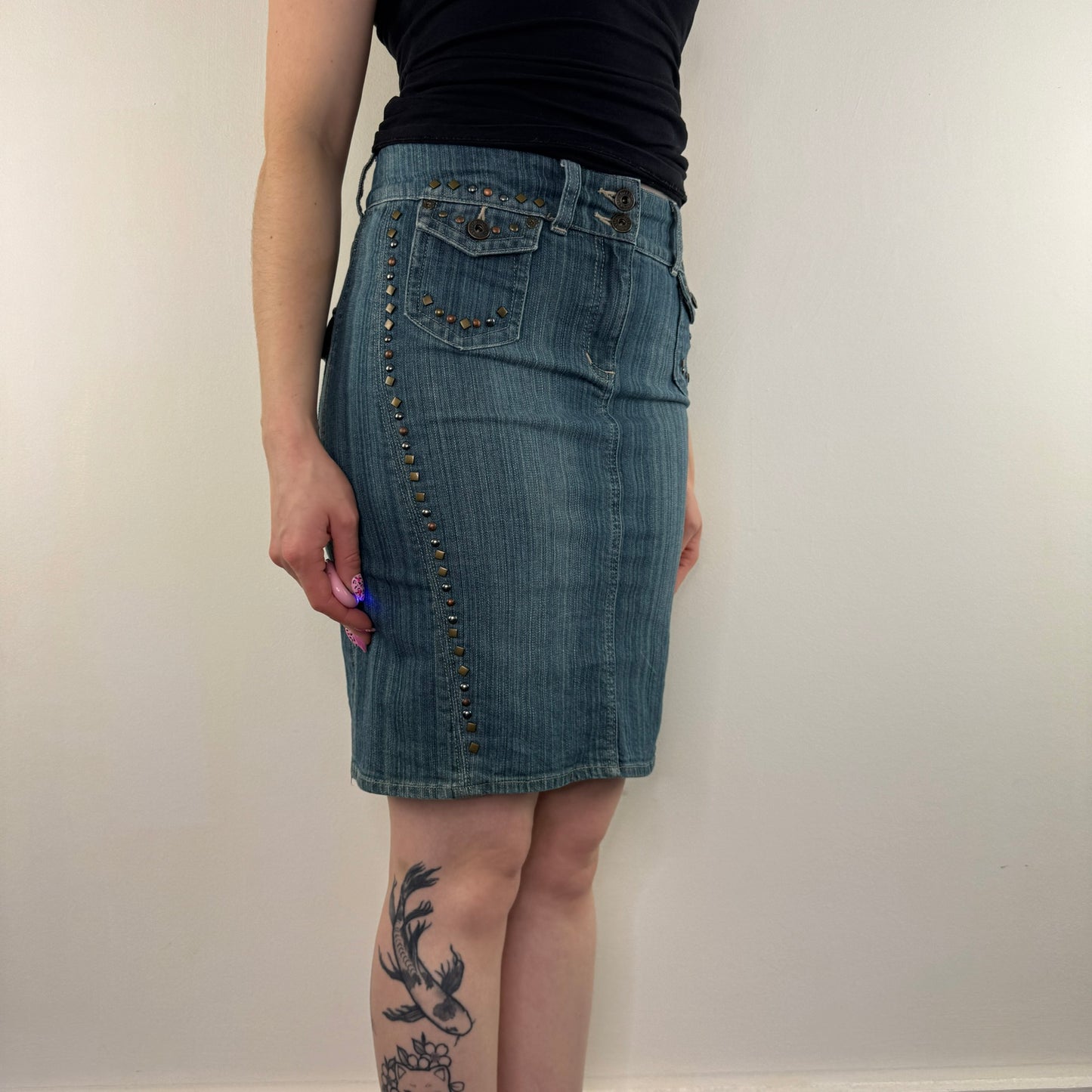 Y2K vintage studded faded denim midi skirt