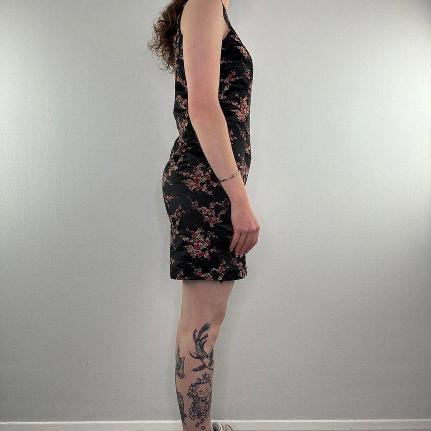 Y2K vintage satin style blossom floral keyhole mini dress oriental high neck