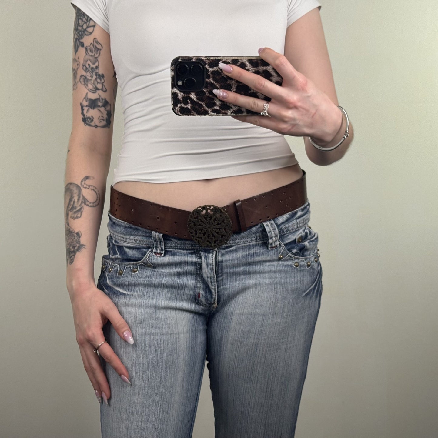 Y2K vintage New Look faux leather belt circle buckle brown