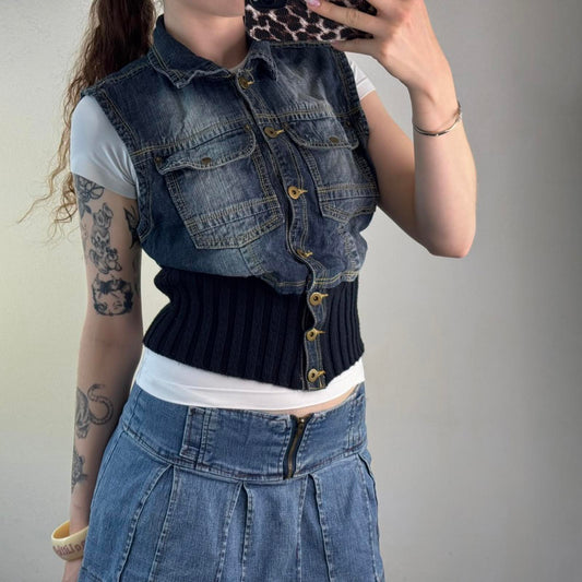 Y2K vintage faded denim sleeveless jacket knit waistband cropped short length