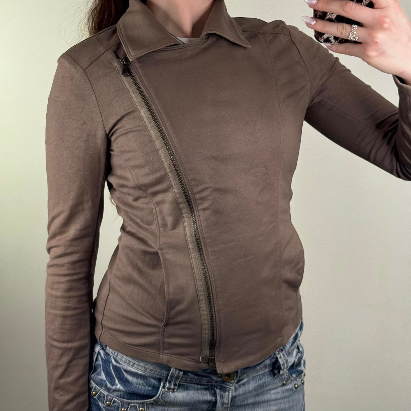 Y2K vintage archive asymmetrical zip up jumper fitted light brown stretchy